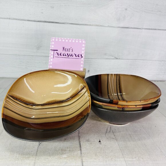 Home Trends BAZAAR BROWN Stoneware Square Stripe 6 7/8" Soup Cereal Bowls Set 4 - Picture 1 of 16